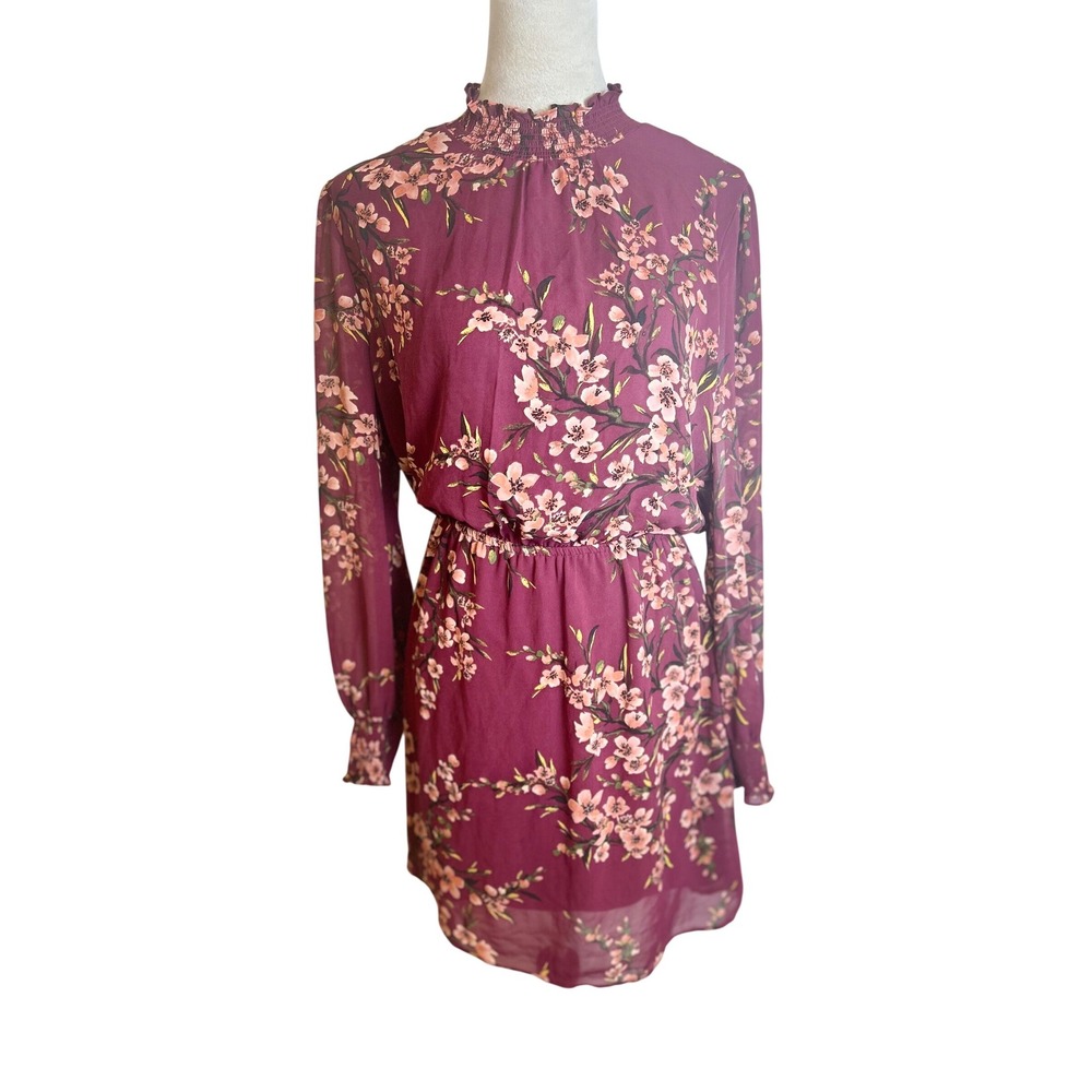 DR2‎ by Daniel Rainn Burgundy Floral Smocked Neck Long Sleeve Mini Dress L